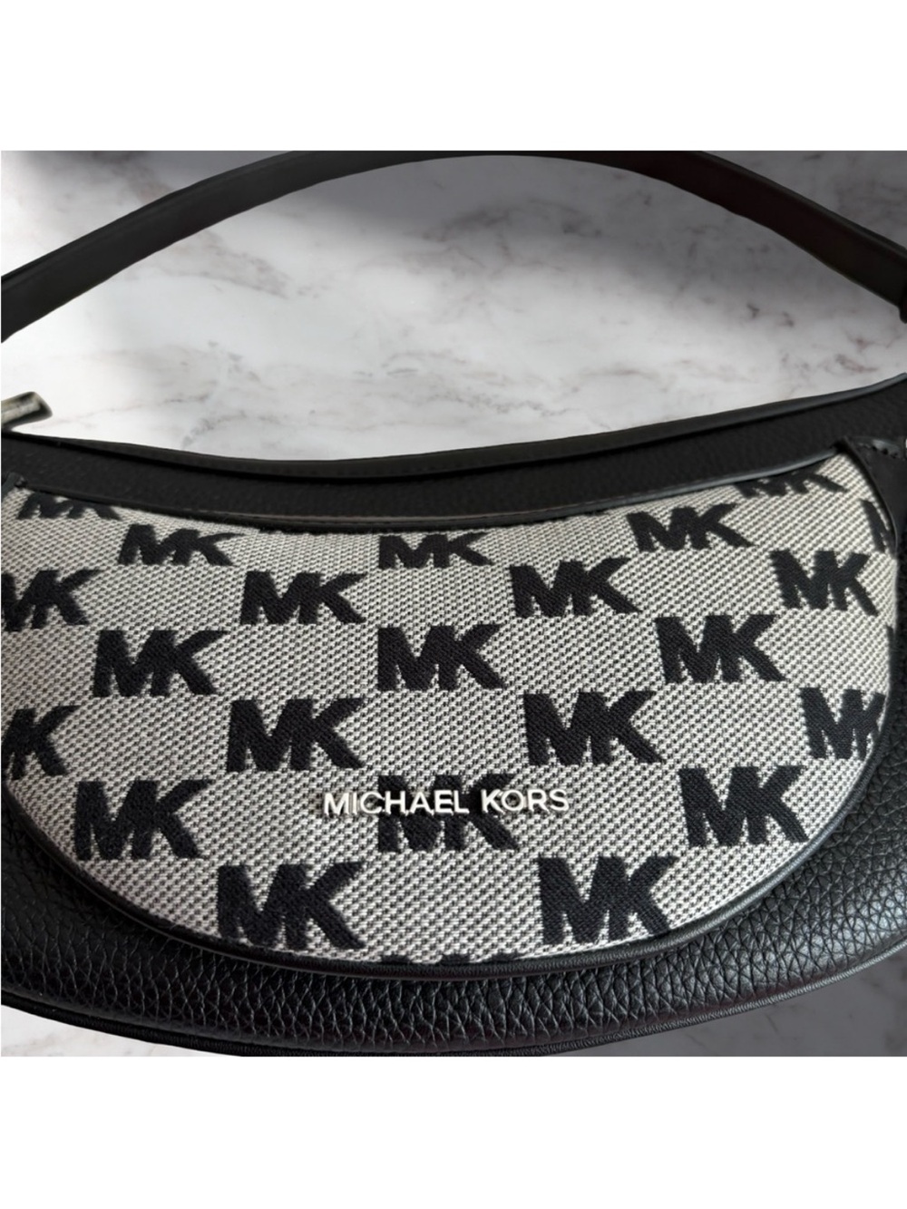 Michael Kors Black and White MK Monogram Crescent Shoulder Bag